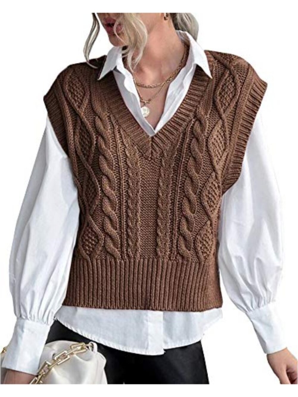 Women Sleeveless V-Neck Cable Knit Cotton Acrylic Sweater Vest